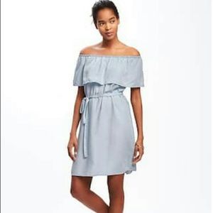 Off shoulder roomy denim chambray A line dress